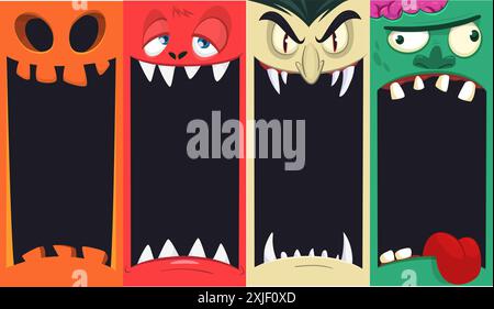 Halloween lustige Gesichter Set aus vier Figuren. Comic-Köpfe aus grimmigem Sensenmann, Kürbis Jack o lntern Zombie, Vampir und Mumie. Vektorillustration isola Stock Vektor