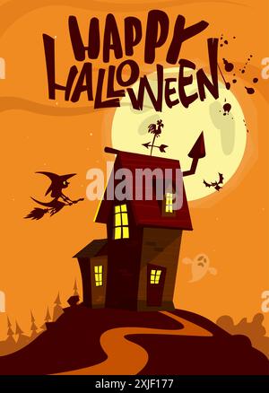 Halloween Spukhaus Cartoon Illustration. Vektor-Horror-Gruselhaus auf dem Nachthintergrund mit Mond. Partyposter. Stock Vektor