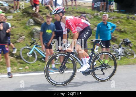 Bareges, Occitanie, Frankreich. Juli 2024. Bareges, Frankreich, 13. Juli 2024: Der Cofidis-Radfahrer Bryan Coquard (143) während der 14. Etappe der Tour de France 2024 zwischen Pau und Saint-Lary-Soulan Pla dÂ´Adet am 13. Juli 2024 in Bareges, Frankreich. (Kreditbild: © Alberto Brevers/Pacific Press via ZUMA Press Wire) NUR REDAKTIONELLE VERWENDUNG! Nicht für kommerzielle ZWECKE! Stockfoto