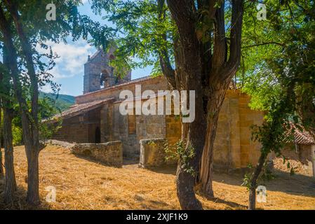 Romanische Kirche. San Andres de Valdelomar, Kantabrien, Spanien. Stockfoto