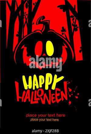 Halloween Kürbiskopf mit unheimlichem Gesichtsausdruck. Vektorillustration des Jack-o-Laterne Designs mit geschnitzter Emotion isoliert auf dem Nachthintergrund W Stock Vektor