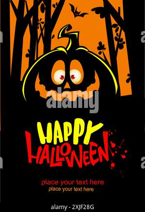 Halloween Kürbiskopf mit unheimlichem Gesichtsausdruck. Vektorillustration des Jack-o-Laterne Designs mit geschnitzter Emotion isoliert auf dem Nachthintergrund W Stock Vektor