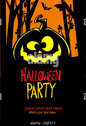 Halloween Kürbiskopf mit unheimlichem Gesichtsausdruck. Vektorillustration des Jack-o-Laterne Designs mit geschnitzter Emotion isoliert auf dem Nachthintergrund W Stock Vektor