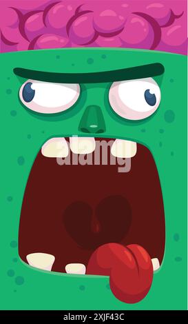 Lustiges grünes Zombie-Charakterdesign mit furchterregendem Gesichtsausdruck. Halloween Vektor Illustration isoliert auf weiß. Partyplakat, Paketdesign o Stock Vektor