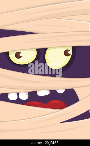 Gruseliger Zeichentrickmonster-Mumie-Gesichtsvektor. Niedlicher Avatar oder Symbol. Halloween-Illustration. Ideal für Party-Dekoration, Paketdesign Stock Vektor