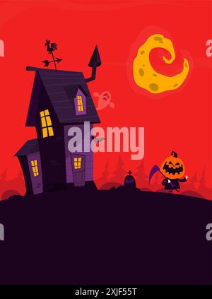 Halloween Spukhaus Cartoon Illustration. Vektor-Horror-Gruselhaus auf dem Nachthintergrund mit Mond. Partyposter. Stock Vektor