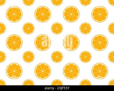 Nahtloses Muster mit frischen Orangenscheiben. Handgezeichneter trendiger, flacher Stil für Stoff, Aufdruck auf T-Shirt, Tapete. Scheiben mit orangefarbenem Hintergrund im Doodle-Stil. Vektorabbildung Stock Vektor