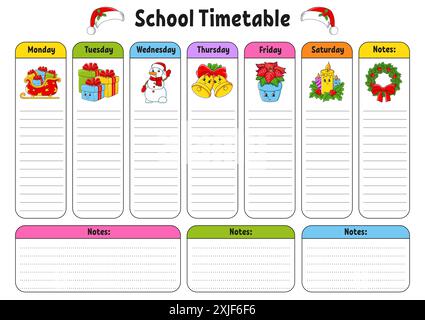 Schulplan. Fahrplan für Schüler. Leere Vorlage. Wöchentliche Hobelmaschine mit Notizen. Zeichentrickfigur. Vektorabbildung. Stock Vektor