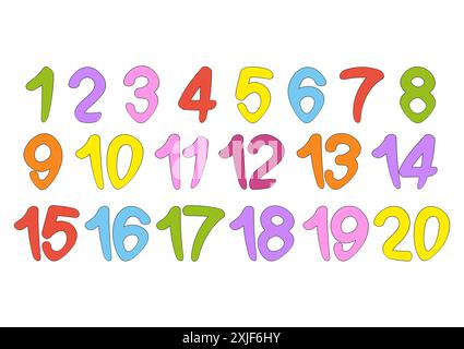 Eine Reihe von Zahlen von 1 bis 20. Bunte Kollektion. Zum Unterrichten von Kindern. Einfache Illustration des flachen Vektors isoliert auf weißem Hintergrund. Stock Vektor