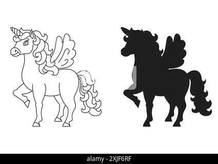 Niedliches Einhorn mit Flügeln. Schwarze Silhouette. Magisches Feenpferd. Malbuch-Seite für Kinder. Zeichentrickstil. Vektorillustration isoliert auf weißem Backgr Stock Vektor