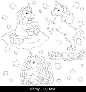 Festliche Ostereinhörner. Malbuch-Seite für Kinder. Figur im Cartoon-Stil. Vektorillustration isoliert auf weißem Hintergrund. Stock Vektor