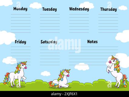 Schulplan mit niedlichem Einhorn. Für die Erziehung von Kindern. Isoliert auf blauem Hintergrund. Mit einer niedlichen Zeichentrickfigur. Stock Vektor