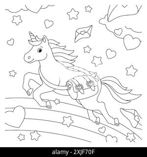 Einhorn-Postbote mit einer Tüte Liebesbriefe. Malbuch-Seite für Kinder. Valentinstag. Figur im Cartoon-Stil. Vektorillustration isoliert auf Wi Stock Vektor