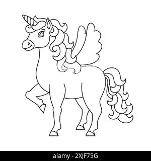 Niedliches Einhorn mit Flügeln. Magisches Feenpferd. Malbuch-Seite für Kinder. Zeichentrickstil. Vektorillustration isoliert auf weißem Hintergrund. Stock Vektor