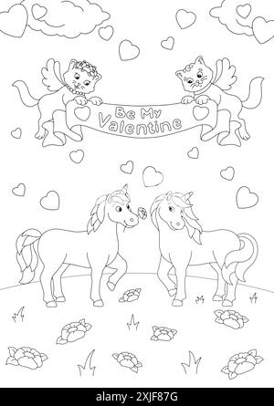 Verliebte Einhörner und Katzen mit Flügeln. Malbuch-Seite für Kinder. Valentinstag. Figur im Cartoon-Stil. Vektorillustration isoliert auf weißem Ba Stock Vektor