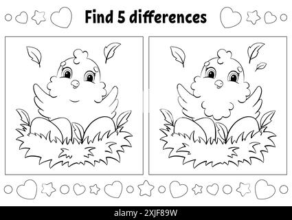 Finde fünf Unterschiede. Ostermotiv. Ausmalseite für Kinder. Aktivitätsarbeitsblatt für untergeordnete Elemente. Vektorillustration isoliert auf weißem Hintergrund. Stock Vektor