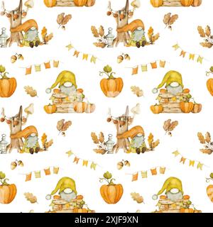 Süßer Herbstzwerg mit Kürbisernte, Aquarellmalerei, nahtlosem Muster. Herbstsaison Cartoon-Zwerg mit orangefarbener Gemüsemalerei Stockfoto