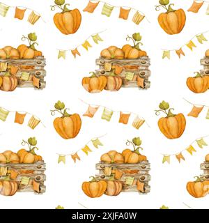 Süßer Herbstzwerg mit Kürbisernte, Aquarellmalerei, nahtlosem Muster. Herbstsaison Cartoon-Zwerg mit orangefarbener Gemüsemalerei Stockfoto