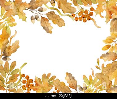 Herbst Eiche und Ahornblätter Rahmendesign Aquarell Zeichnung mit Kopierbereich. Herbstlaub Aquarelle Gemälde Stockfoto