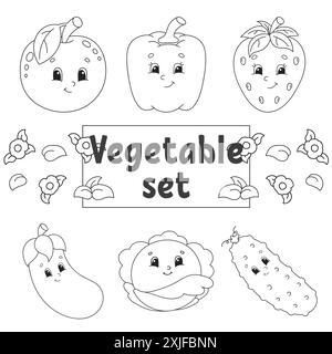 Malbuch für Kinder. Fröhliche Charaktere. Vektorabbildung. Niedlicher Cartoon-Stil. Schwarze Kontur. Isoliert auf weißem Hintergrund. Stock Vektor