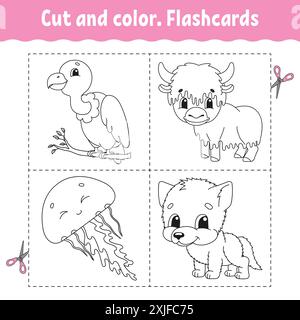 Schnitt und Farbe. Karteikarten-Set. Malbuch für Kinder. Niedliche Zeichentrickfigur. Schwarze Kontur. Isoliert auf weißem Hintergrund. Vektorillustrat Stock Vektor