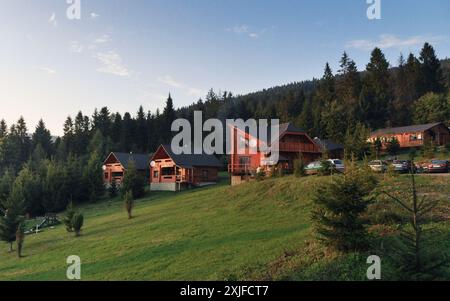 Sommerhäuser an einem Berghang. Holzhäuser auf einem Hügel, umgeben von Kiefernwäldern. Stockfoto