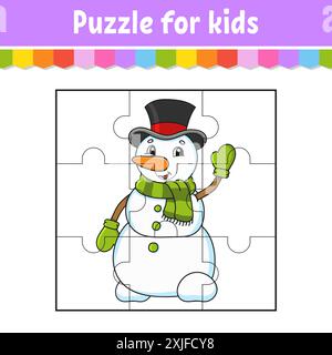 Puzzlespiel für Kinder. Stichsäge. Farbiges Arbeitsblatt. Weihnachtsmotiv. Aktivität". Isolierte Vektordarstellung. Zeichentrickstil. Stock Vektor