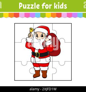 Puzzlespiel für Kinder. Stichsäge. Farbiges Arbeitsblatt. Weihnachtsmotiv. Aktivität". Isolierte Vektordarstellung. Zeichentrickstil. Stock Vektor