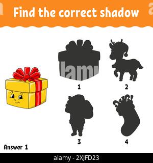 Suchen Sie den richtigen Schatten. Arbeitsblatt zur Entwicklung von Bildungsmaßnahmen. Passendes Spiel für Kinder. Aktivität". Puzzle für Kinder. Zeichentrickfigur. Vektorillustr Stock Vektor
