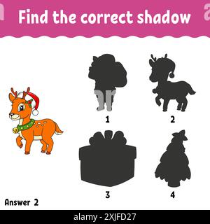 Suchen Sie den richtigen Schatten. Arbeitsblatt zur Entwicklung von Bildungsmaßnahmen. Passendes Spiel für Kinder. Aktivität". Puzzle für Kinder. Zeichentrickfigur. Vektorillustr Stock Vektor