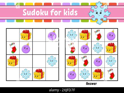 Sudoku für Kinder. Arbeitsblatt zur Entwicklung von Bildungsmaßnahmen. Zeichentrickfigur. Seite „Farbaktivität“. Puzzlespiel für Kinder. Schulung zum logischen Denken. Vektor i Stock Vektor