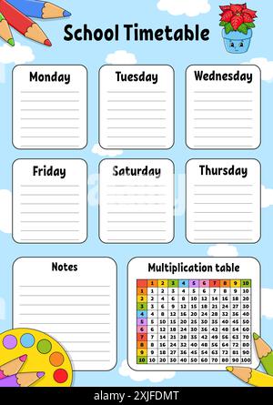 Schulplan. Für die Erziehung von Kindern. Isoliert auf farbigem Hintergrund. Mit einer niedlichen Zeichentrickfigur. Vektorabbildung. Stock Vektor