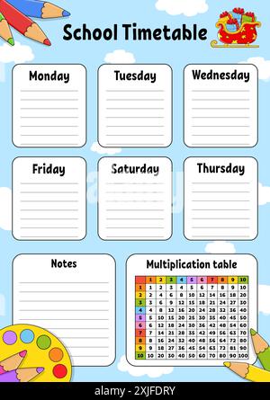 Schulplan. Für die Erziehung von Kindern. Isoliert auf farbigem Hintergrund. Mit einer niedlichen Zeichentrickfigur. Vektorabbildung. Stock Vektor