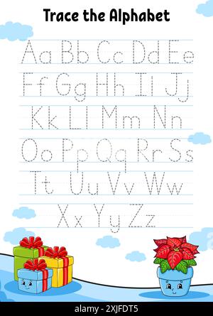 Schreiben von Briefen. Tracing-Seite. Übungsblatt. Arbeitsblatt für Kinder. Alphabet lernen. Niedlicher Charakter. Zeichentrickstil. Vektorabbildung. Stock Vektor