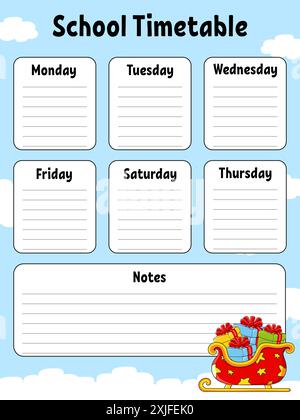 Schulplan. Für die Erziehung von Kindern. Isoliert auf farbigem Hintergrund. Mit einer niedlichen Zeichentrickfigur. Vektorabbildung. Stock Vektor