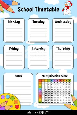 Schulplan. Für die Erziehung von Kindern. Isoliert auf farbigem Hintergrund. Mit einer niedlichen Zeichentrickfigur. Vektorabbildung. Stock Vektor