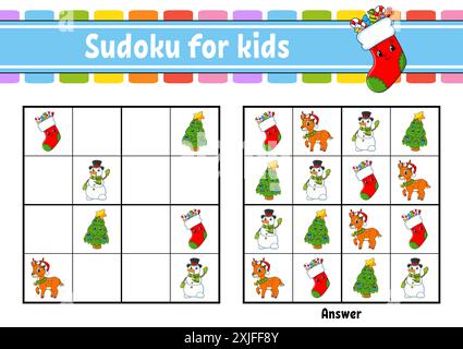 Sudoku für Kinder. Arbeitsblatt zur Entwicklung von Bildungsmaßnahmen. Zeichentrickfigur. Seite „Farbaktivität“. Puzzlespiel für Kinder. Schulung zum logischen Denken. Vektor i Stock Vektor