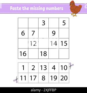 Fügen Sie die fehlenden Zahlen 1-20 ein. Spiel für Kinder. Handschrifterpraxis. Lernnummern für Kinder. Arbeitsblatt zur Entwicklung von Schulungen. Aktivitätsseite. Iso Stock Vektor