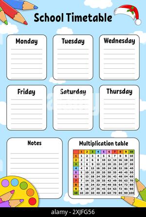 Schulplan. Für die Erziehung von Kindern. Isoliert auf farbigem Hintergrund. Mit einer niedlichen Zeichentrickfigur. Vektorabbildung. Stock Vektor