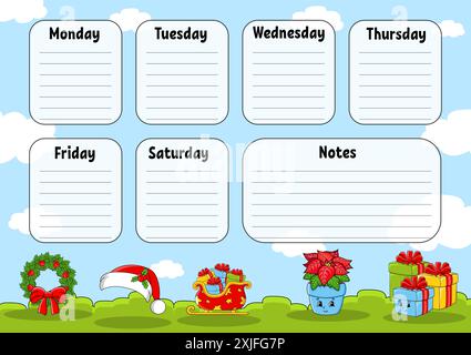 Schulplan. Für die Erziehung von Kindern. Isoliert auf farbigem Hintergrund. Mit einer niedlichen Zeichentrickfigur. Vektorabbildung. Stock Vektor