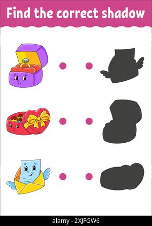Suchen Sie den richtigen Schatten. Arbeitsblatt zur Entwicklung von Schulungen. Passende Spiel für Kinder. Aktivitätsseite Farbe. Puzzle für Kinder. Niedlicher Charakter. Vektorgrafik Stock Vektor