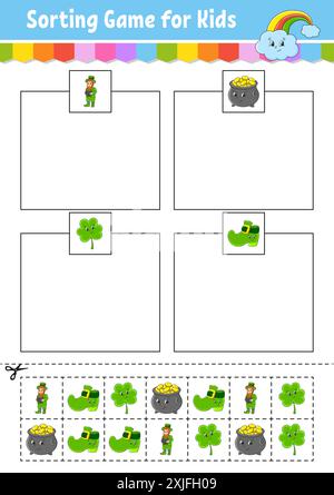 Sortierspiel für Kinder. Schneiden und kleben. Arbeitsblatt zur Entwicklung von Bildungsmaßnahmen. Passendes Spiel für Kinder. Seite „Farbaktivität“. Puzzle für Kinder. Niedlicher Charakter. Stock Vektor