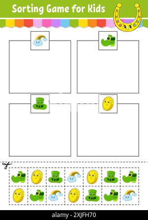 Sortierspiel für Kinder. Schneiden und kleben. Arbeitsblatt zur Entwicklung von Bildungsmaßnahmen. Passendes Spiel für Kinder. Seite „Farbaktivität“. Puzzle für Kinder. Niedlicher Charakter. Stock Vektor