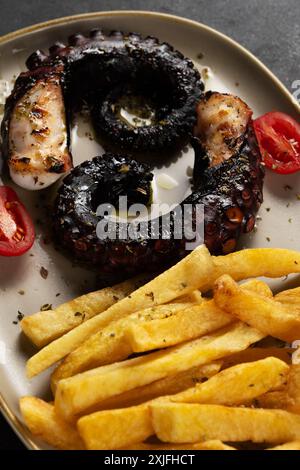 Gegrillte Kraken-Tentakel mit Kartoffeln und Kräutern auf einem Teller. Auf schwarzem Hintergrund. Stockfoto