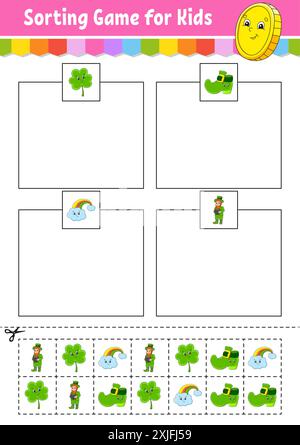Sortierspiel für Kinder. Schneiden und kleben. Arbeitsblatt zur Entwicklung von Bildungsmaßnahmen. Passendes Spiel für Kinder. Seite „Farbaktivität“. Puzzle für Kinder. Niedlicher Charakter. Stock Vektor