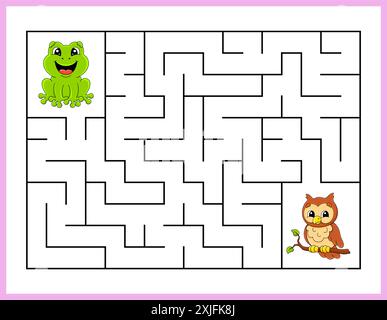 Rechteckiges Labyrinth. Spiel für Kinder. Lustiges Labyrinth. Arbeitsblatt zur Entwicklung von Bildungsmaßnahmen. Aktivität". Puzzle für Kinder. Zeichentrickstil. Rätsel für die Vorschule Stock Vektor