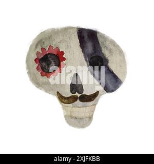 Schädel in Aquarellfarbe mit rotem Blumenauge und schwarzem Streifen mit Schnurrbart. Perfekt für das Thema „Tag der Toten“. Stockfoto