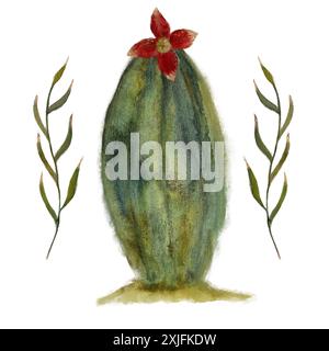 Handbemalter Kaktus in Aquarellfarben mit leuchtend roten Blüten und grünen Blättern. Elegante botanische Illustration. Stockfoto