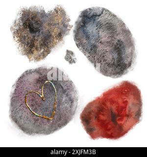 Abstrakte Aquarelltexturen mit Grau-, Gold- und Rottönen, Herzform und fließenden Mustern. Stockfoto