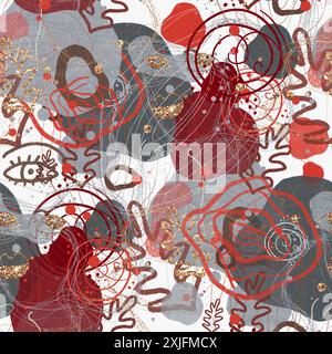 Abstraktes Design mit roten und grauen Mustern mit goldenen Akzenten, welligen Linien und geometrischen Formen. Stockfoto